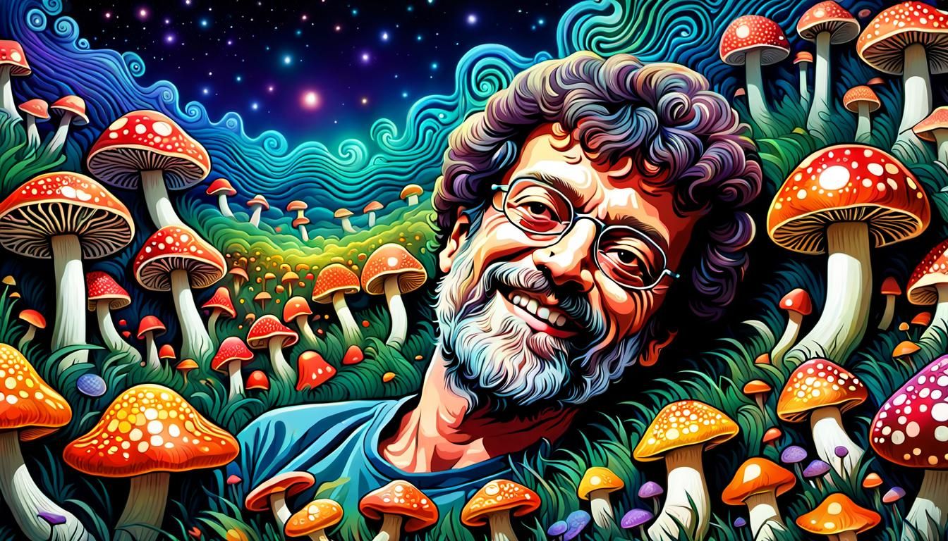 Dreamlike Field of Psychedelic Mushrooms in Digital Art