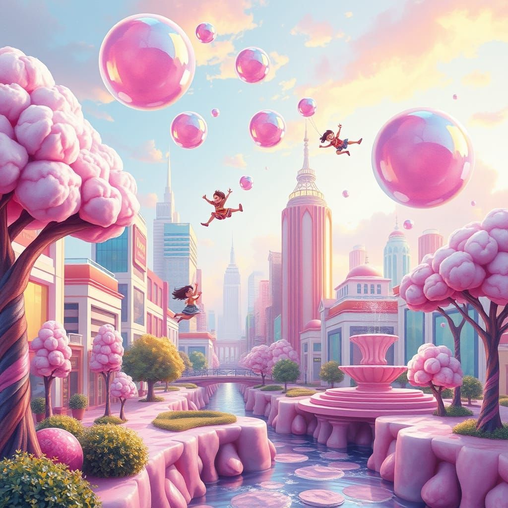 Whimsical Candy Cityscape in Pastel Hues