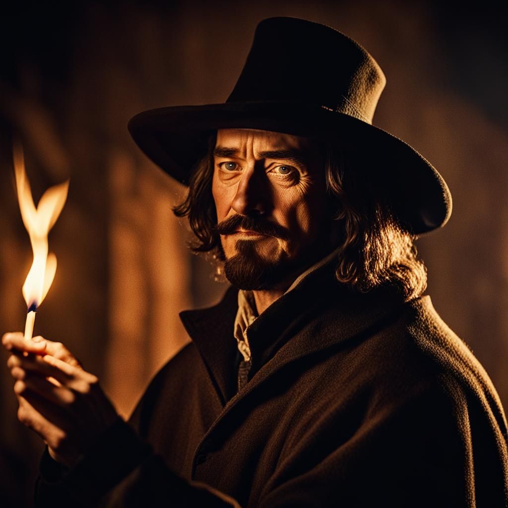 Guy Fawkes Portrait with Match in Cinematic Style