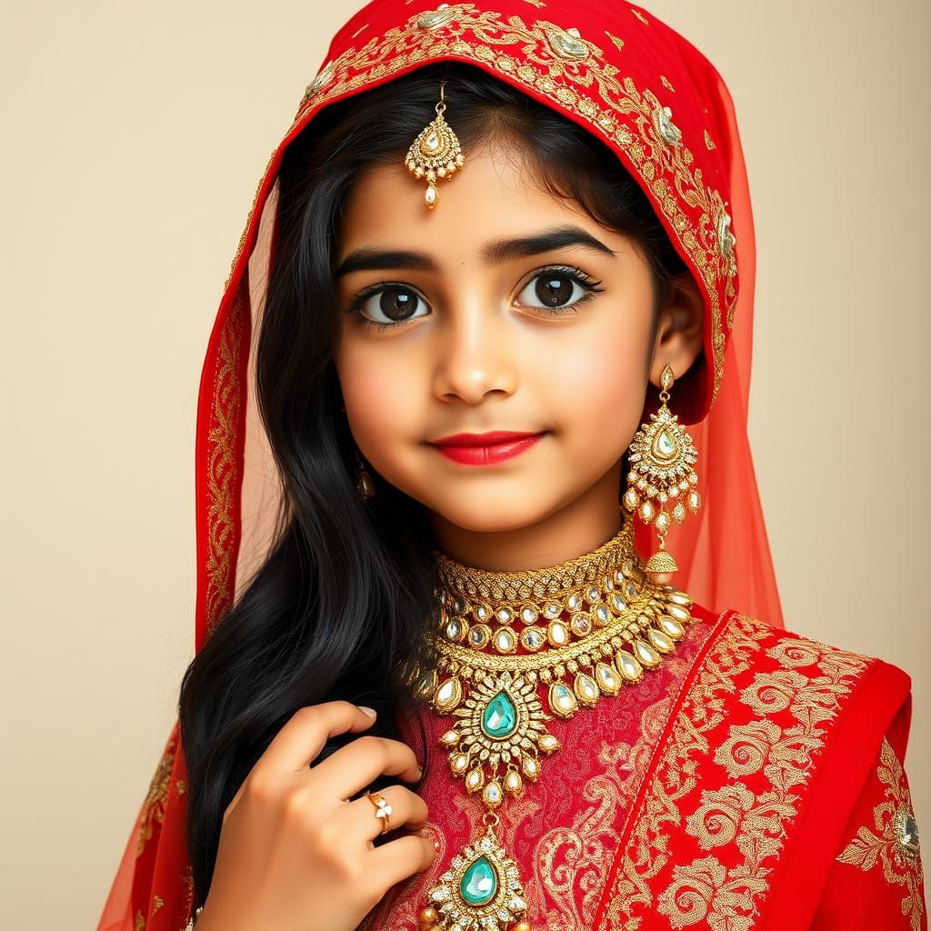 Elegant Young Girl in Traditional Eid Attire with Crystal Em...