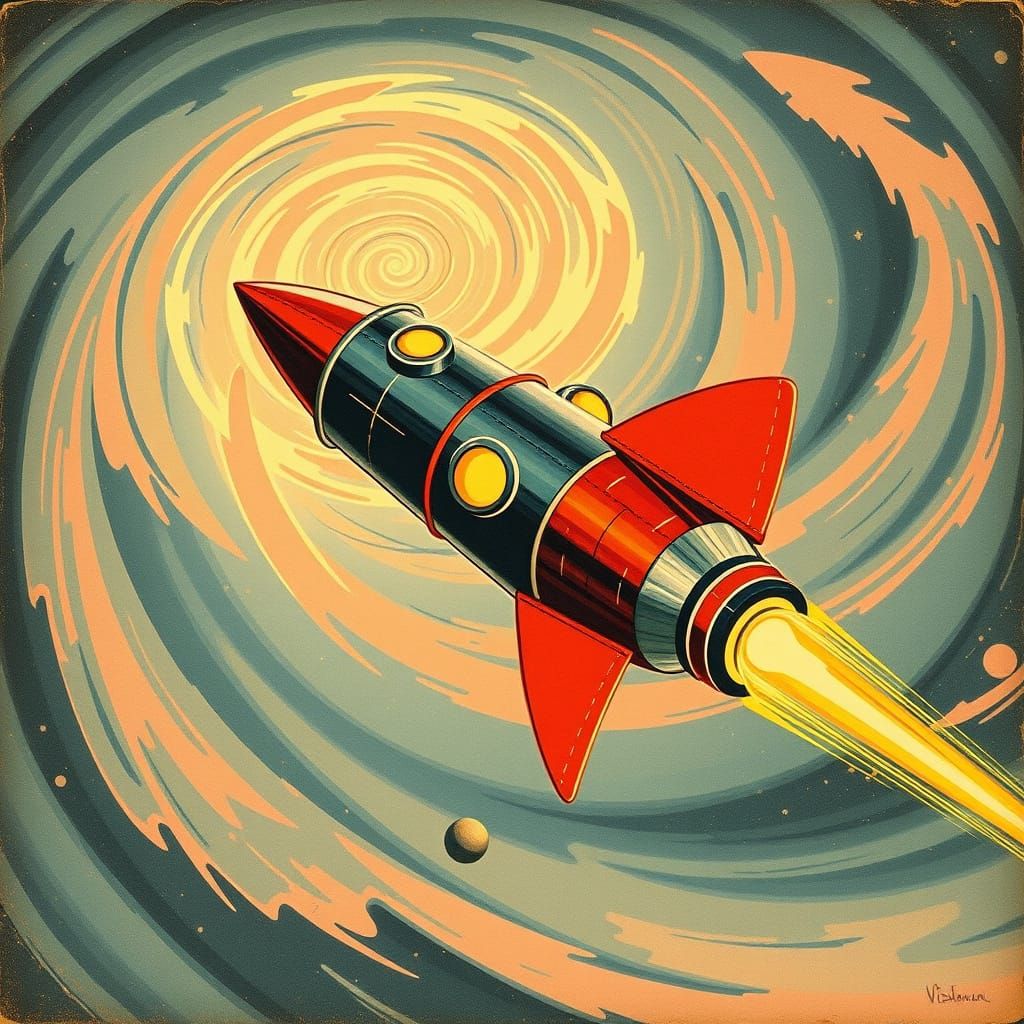 Vintage Rocket Glides Through Galaxy, Comic Book Style