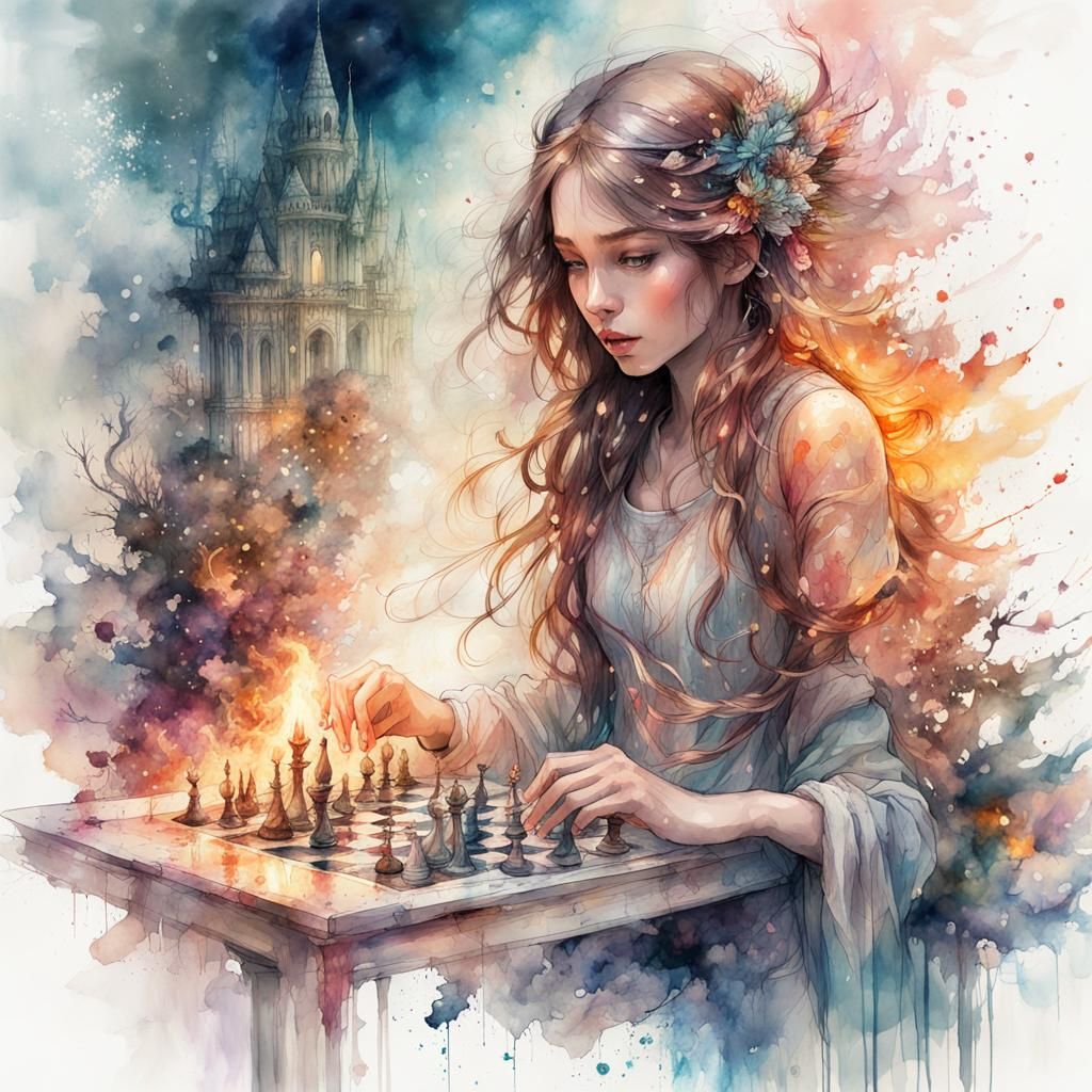 Fantasy Watercolor: Girl Playing Chess