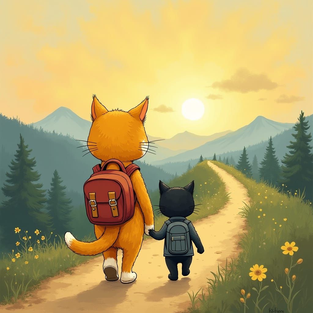 Cats on Mountain Path in Whimsical Cartoon Style