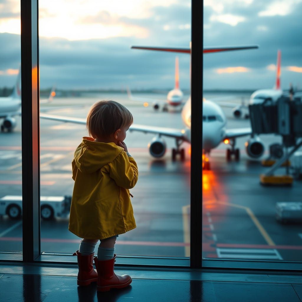 Child Watches Airplanes at Airport Window