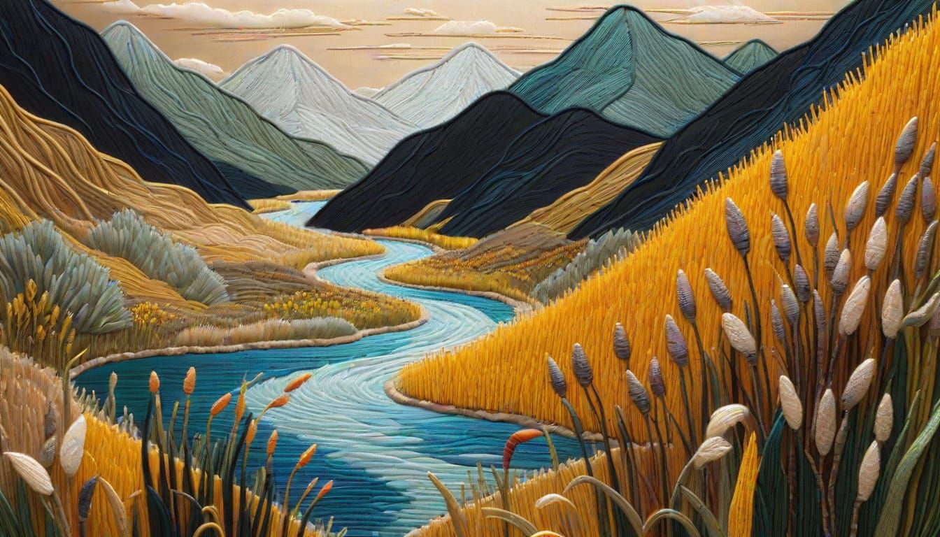 Surrealistic Landscape Embroidery in Golden Hour