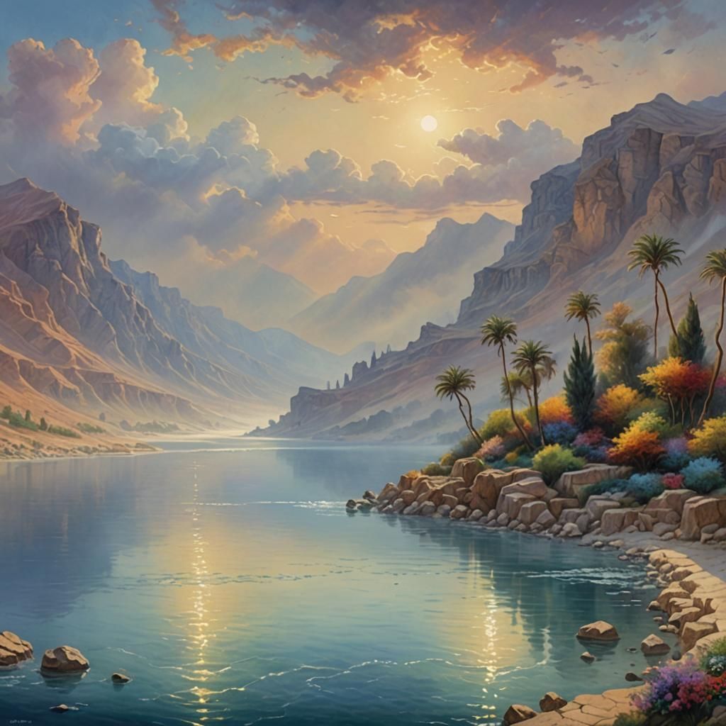 Dead Sea Fantasy: Gouache Painting with Ethereal Mist