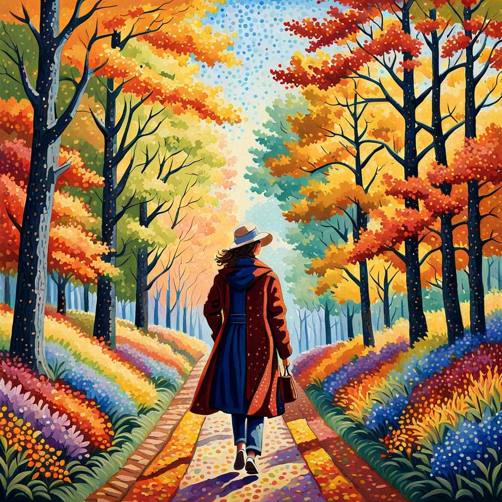 Woman Walking in Pointillist Autumn Landscape