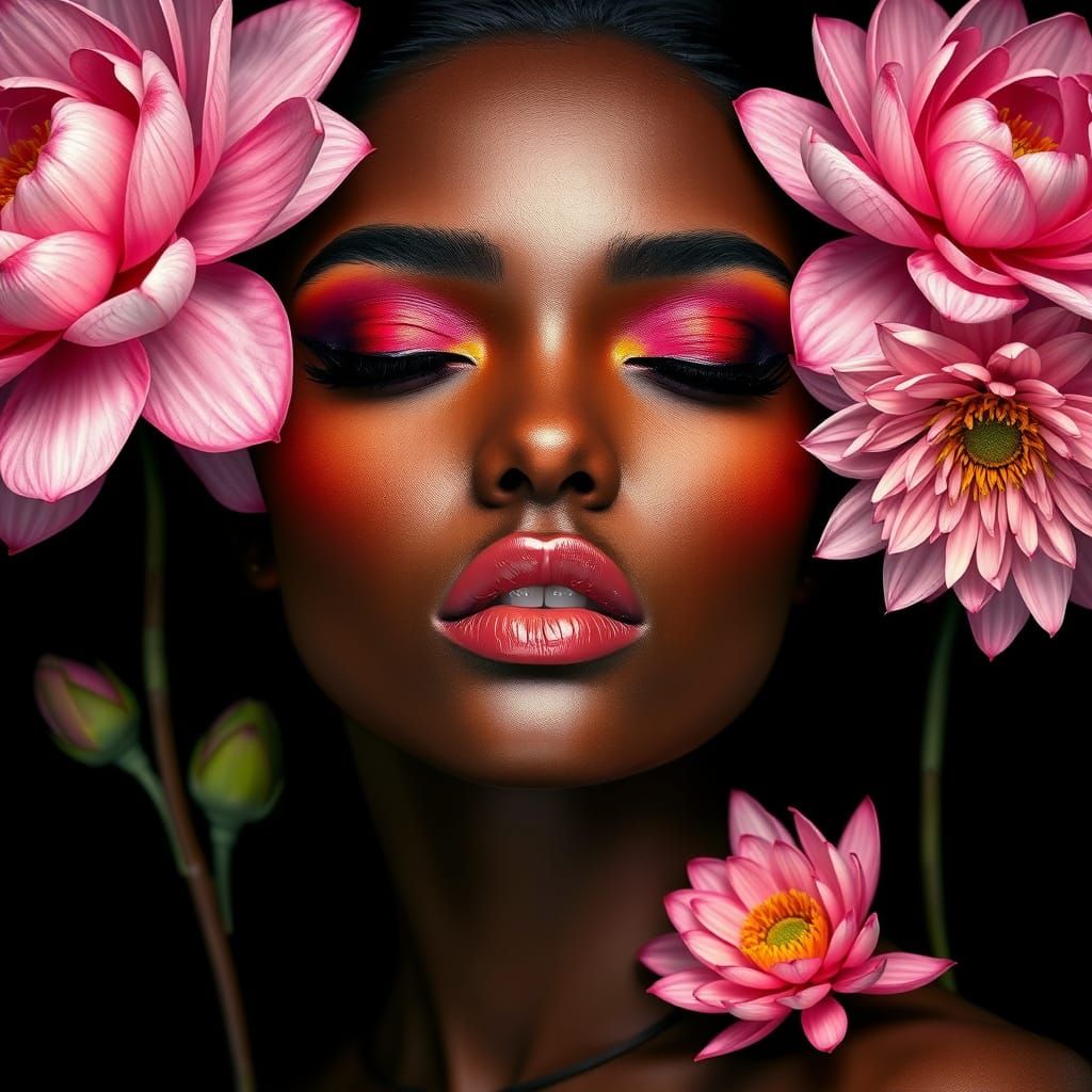 Sunset Makeup Portrait with Flowers, in Art Nouveau Style