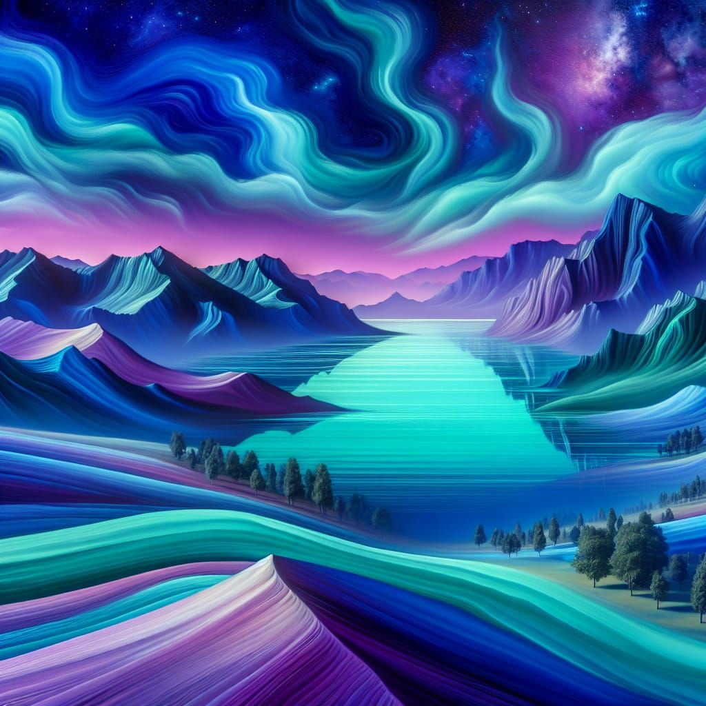 Surreal Turquoise Lake Under Purple Night Sky