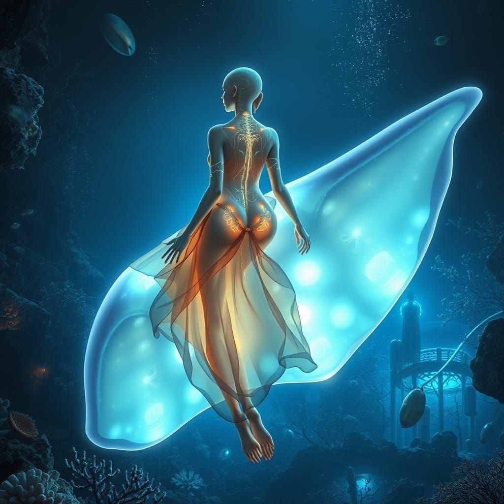 Bioluminescent Aquatic Humanoid in Futuristic Coral Forest