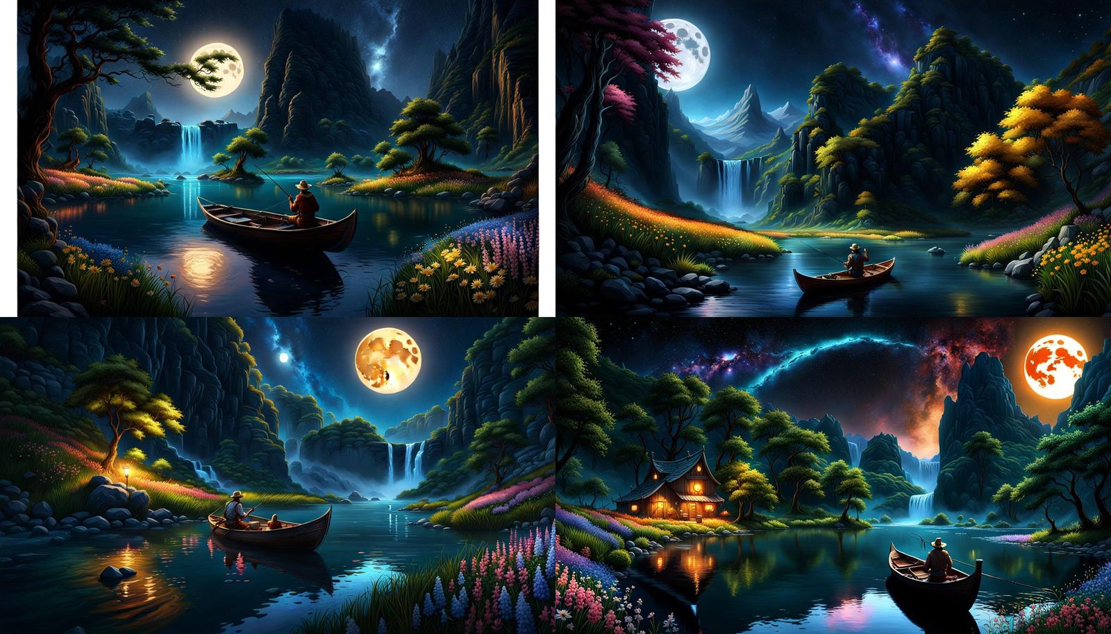 Fisherman on Mountain River Under Galaxy Sky