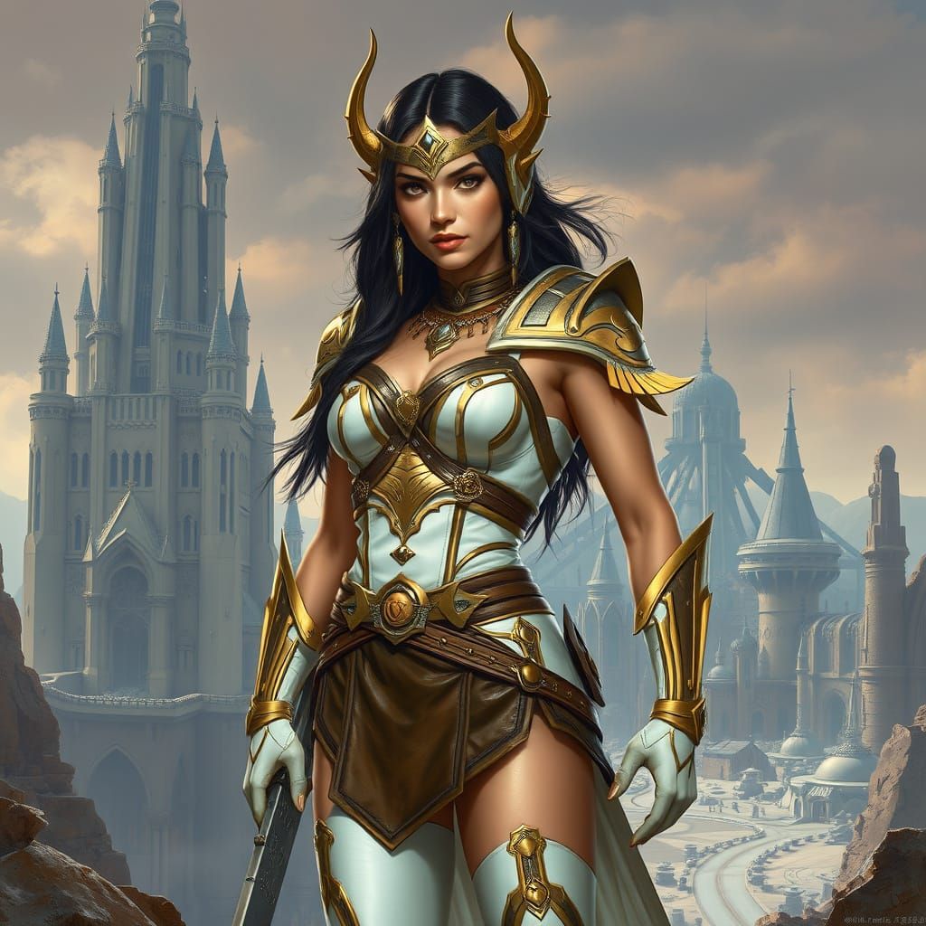 Regal She-Ra Warrior in Futuristic Medieval Battleground