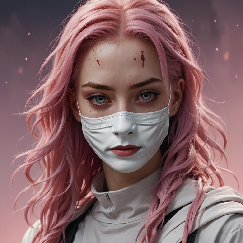 Pink Haired Girl with Mask: Hyperrealistic Portrait