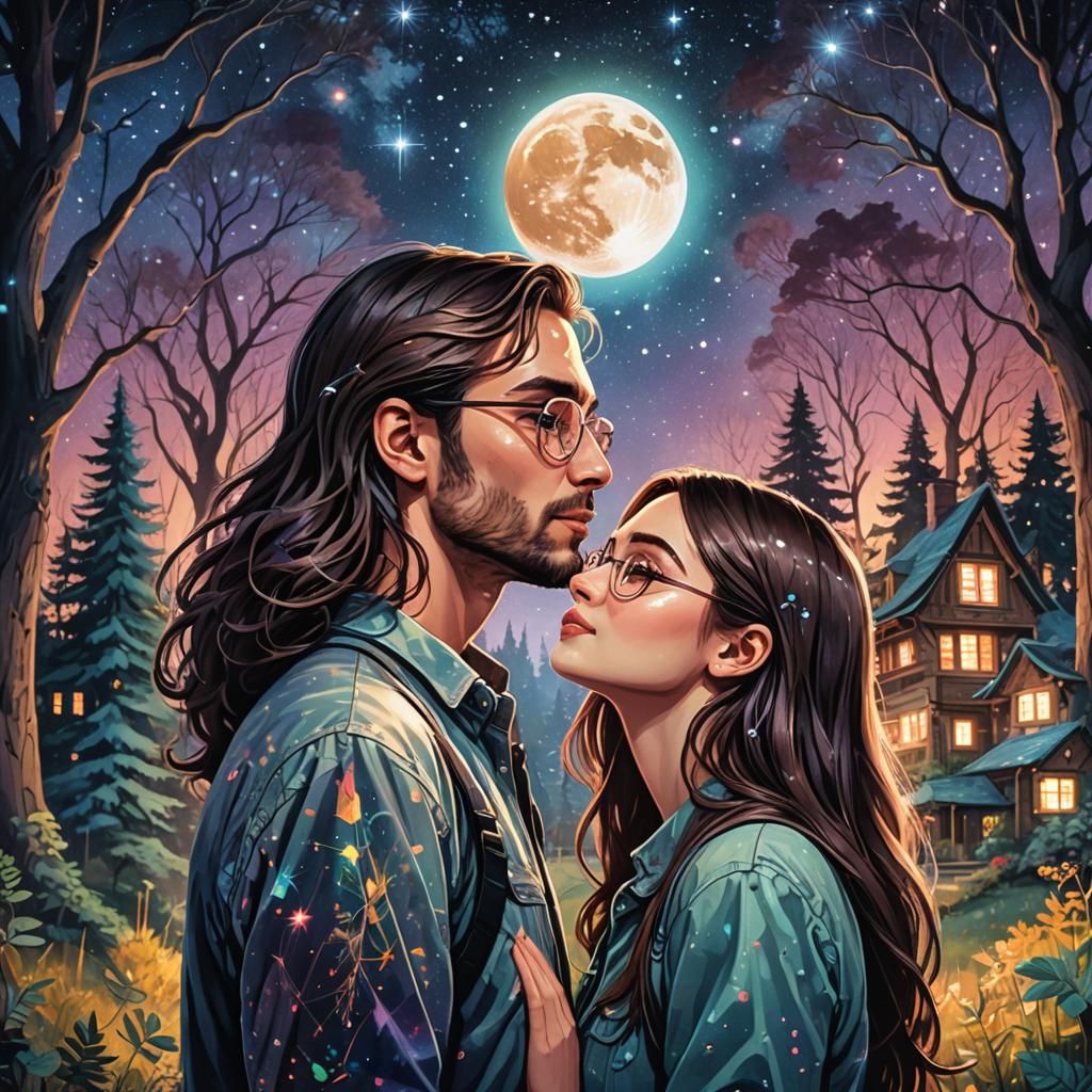 Magical Forest Embrace: Cosmic Mixed Media Illustration