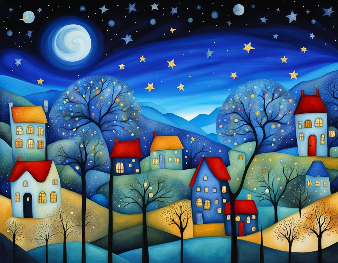 Moonlit Hills Dreamscape in Klimt Style