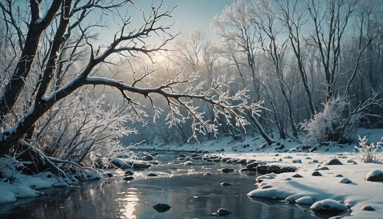 Winter Wonderland: A Branch Over Icy Creek in Serene Slumber