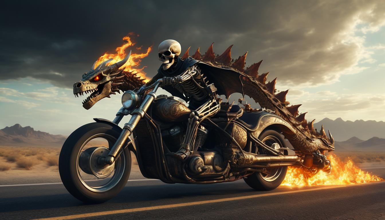 Skeleton Dragon Rides Motorcycle: Digital Matte Painting
