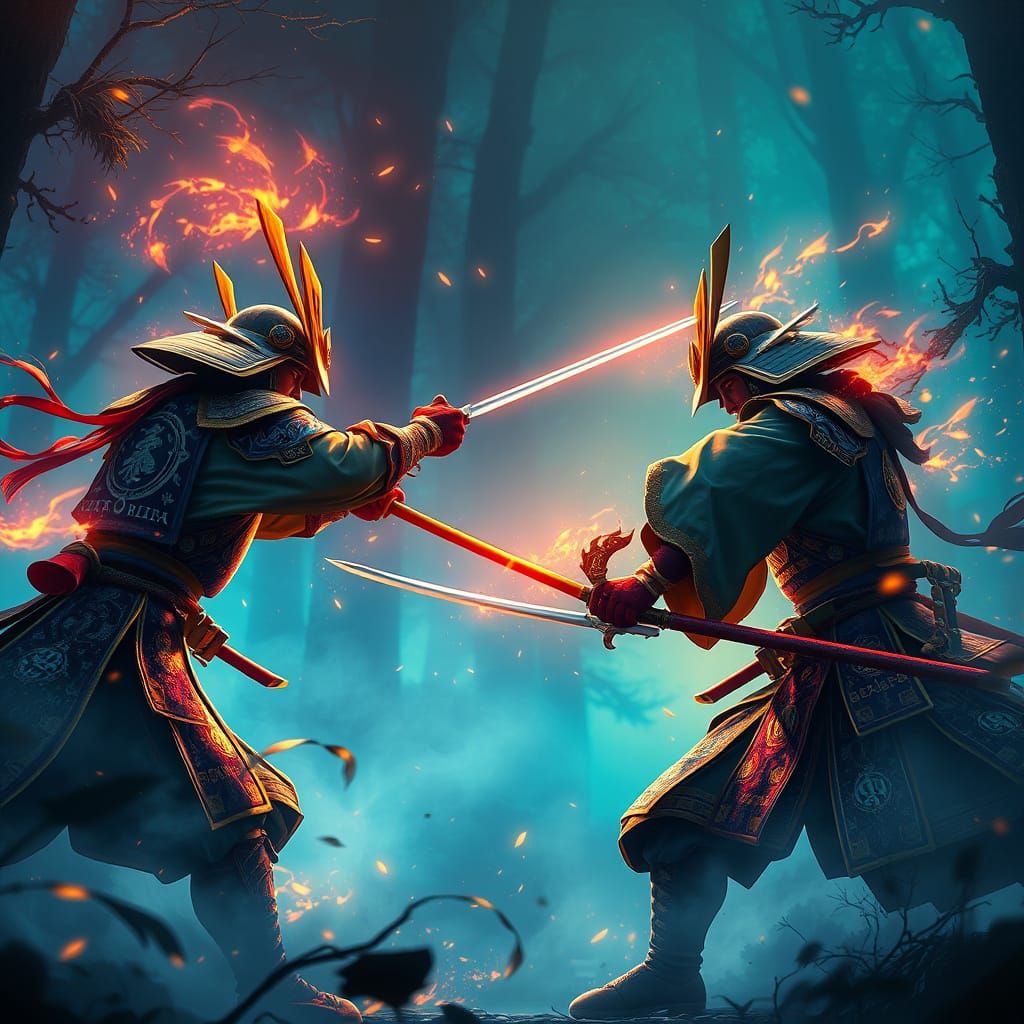 Dueling Samurai in Mystical Forest, Cyberpunk Fantasy Style