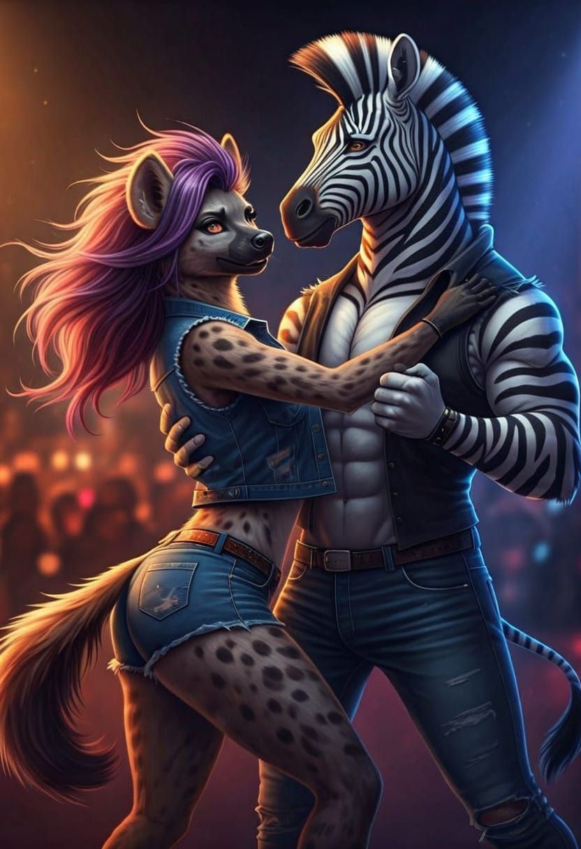Dramatic Furry Couple in a Vibrant Nightclub Scene
