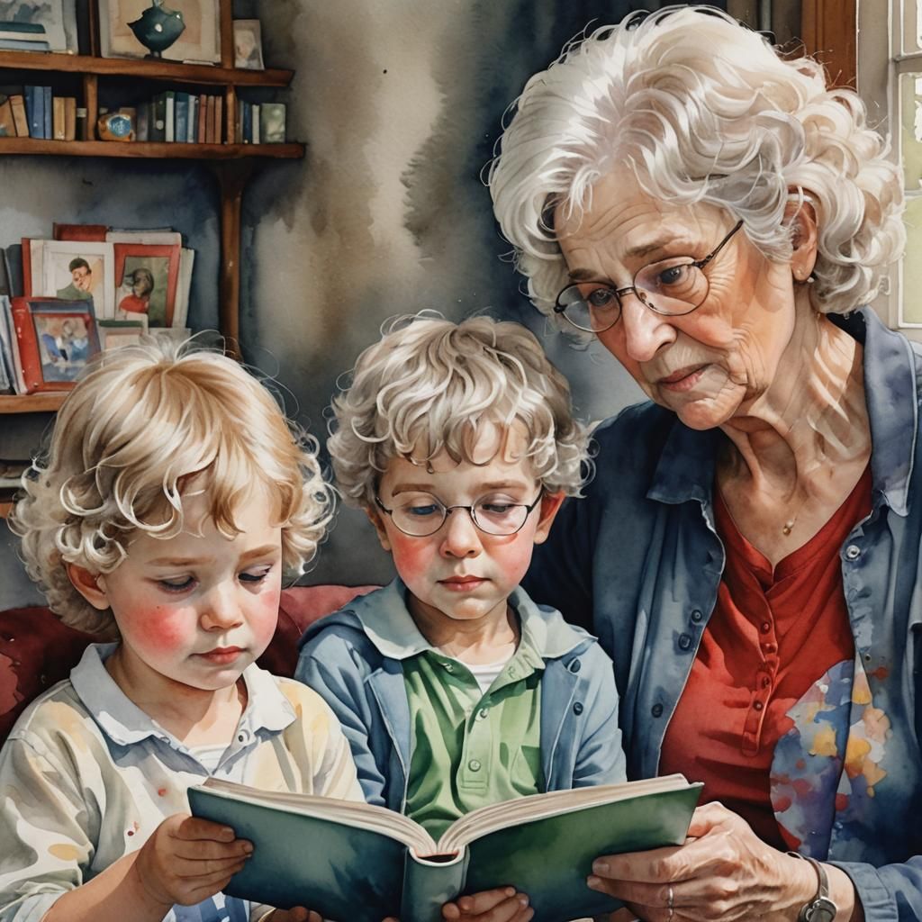 Grandma Reading to Grandchildren in Watercolor Style