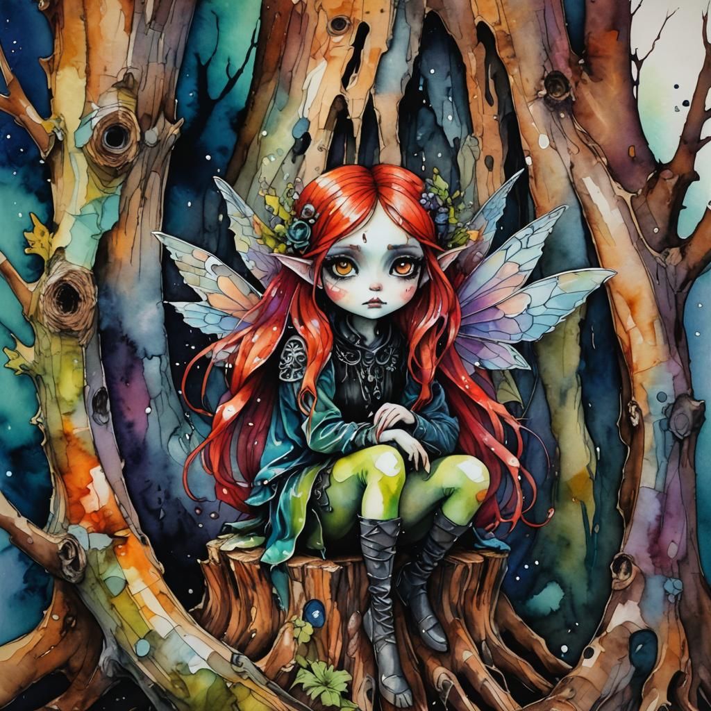 Sad little fairy sitting on a stump. - 1