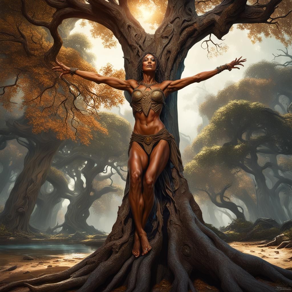 Fantasy Art: Tanned Woman on Tree Trunk