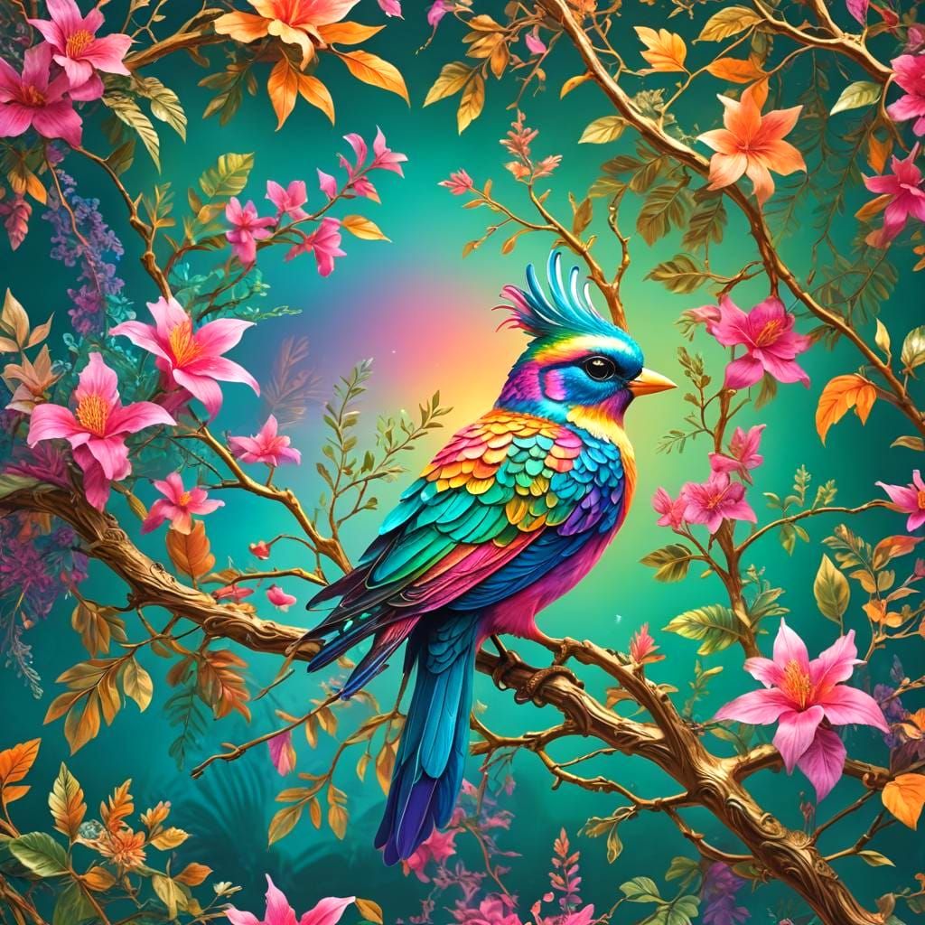 Lisa Frank Bird on Branch: Detailed Matte Painting