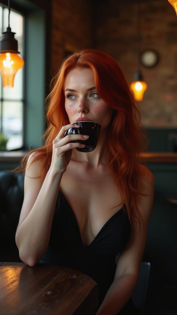 Hyperrealistic Portrait of a Red Haired Irish Woman in a Bar