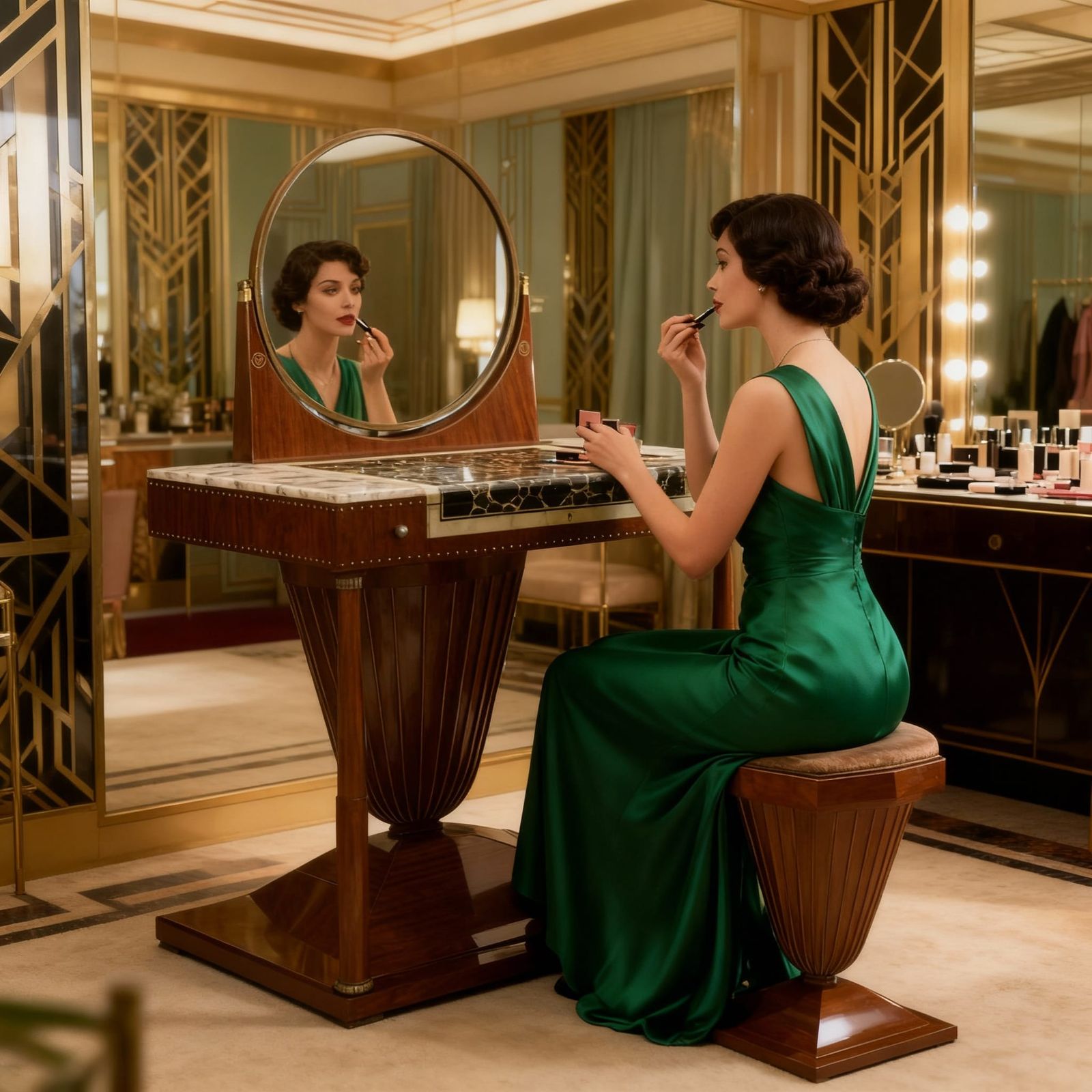 Art Deco Woman Applying Makeup in Emerald Dress