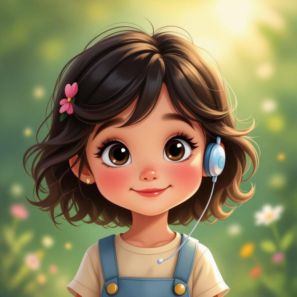 Charming Animated Girl with Vibrant Hearing Aid in Storybook...