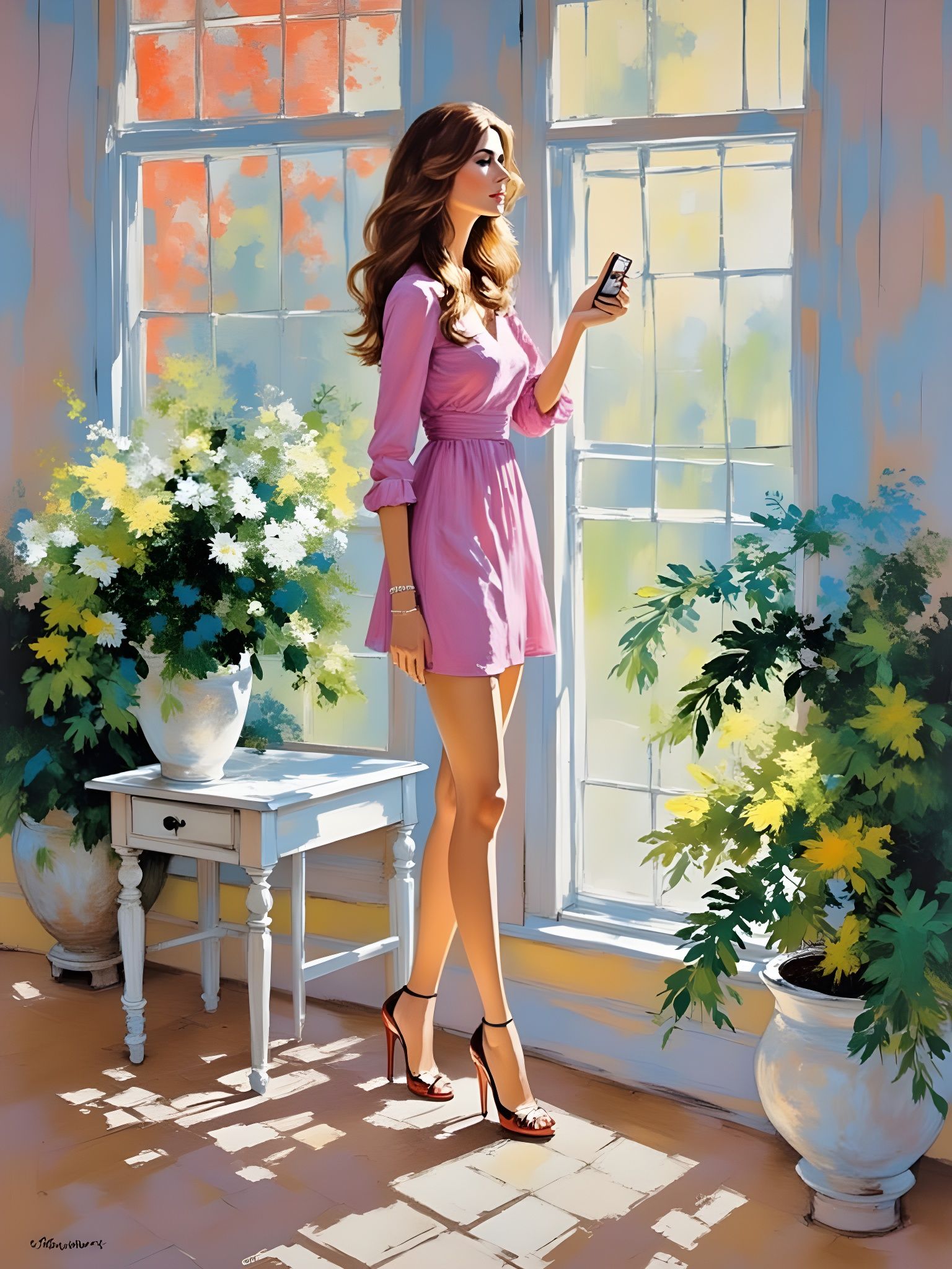 Woman in Sunlit Vintage Room, Abstract Oil Painting