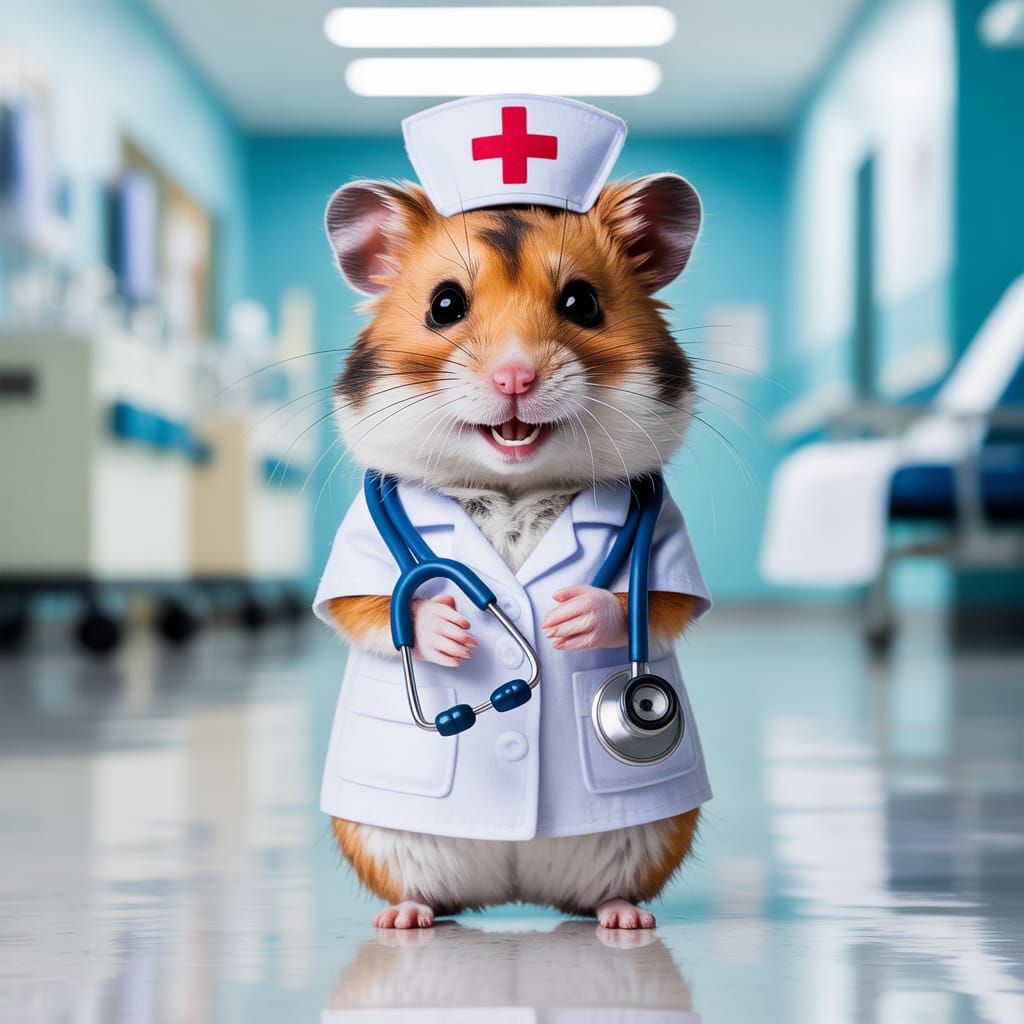 Hamster Nurse in Hospital Corridor