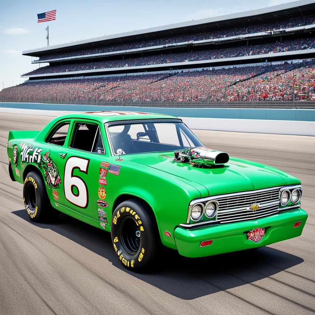 Bright Green NASCAR Car with Rat Fink Illustration