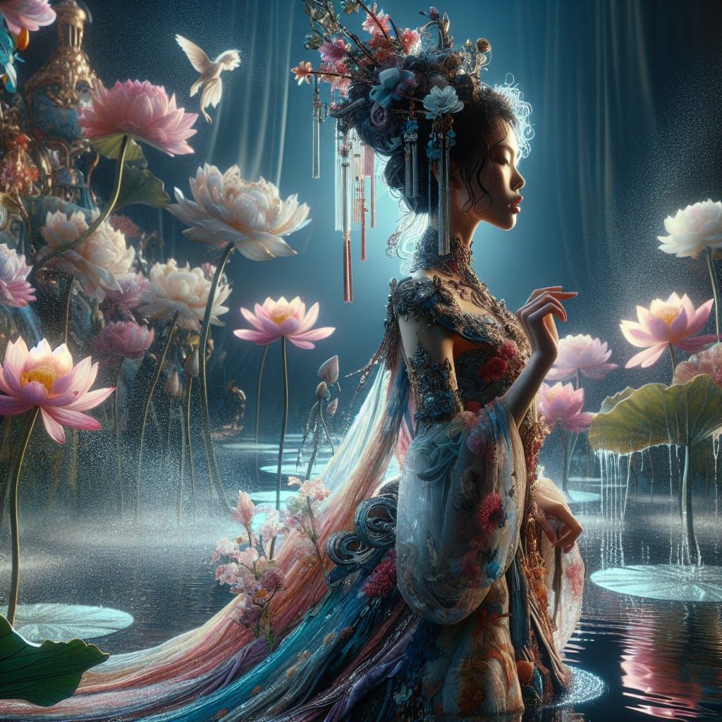 Woman in Lotus Garden: Romantic Matte Painting