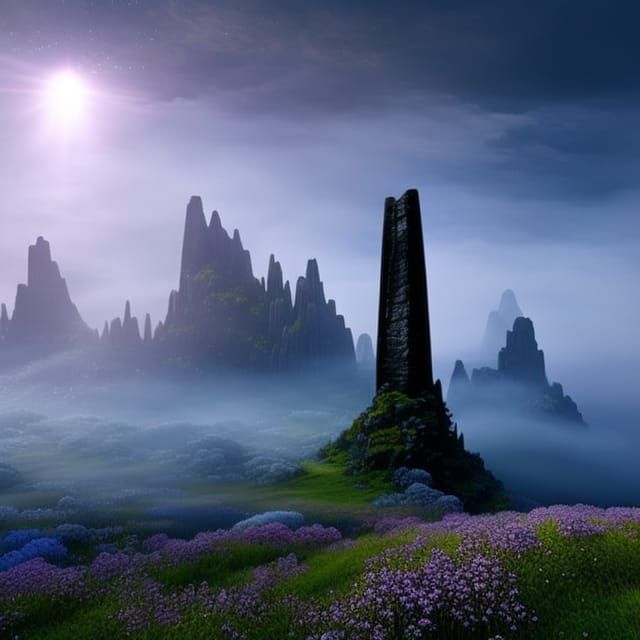 Misty Mountain Monolith in Cinematic Fantasy Landscape
