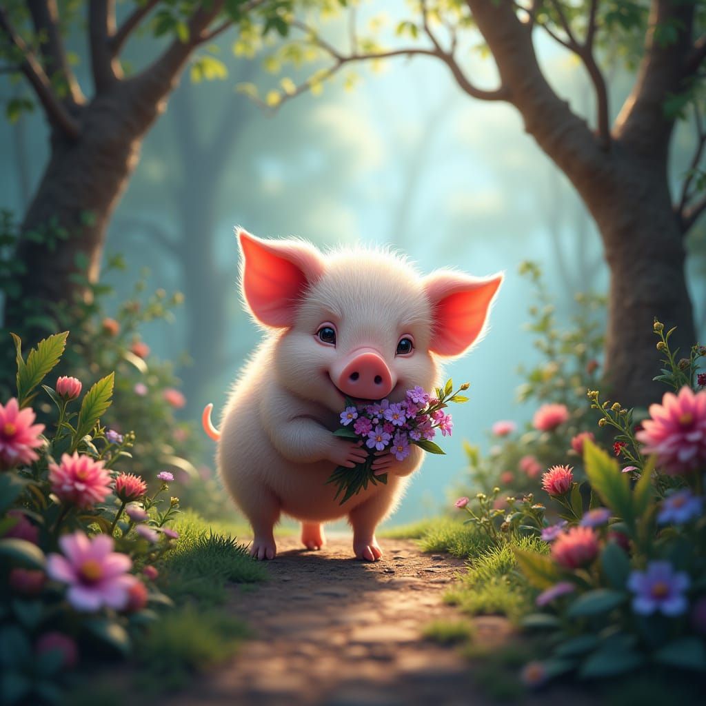 Piglet in Magical Garden, Digital Illustration