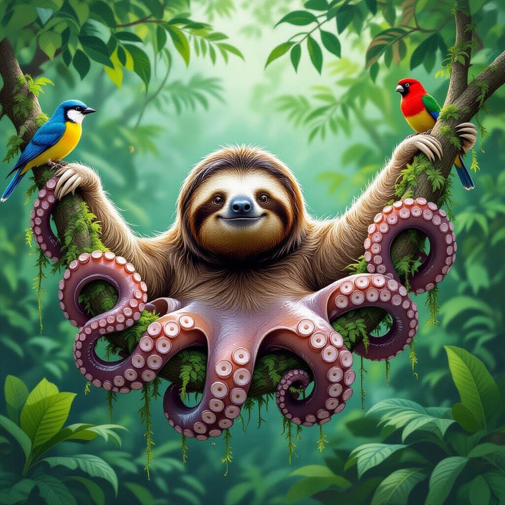 Octopus Sloth in Rousseau-Style Jungle Illustration
