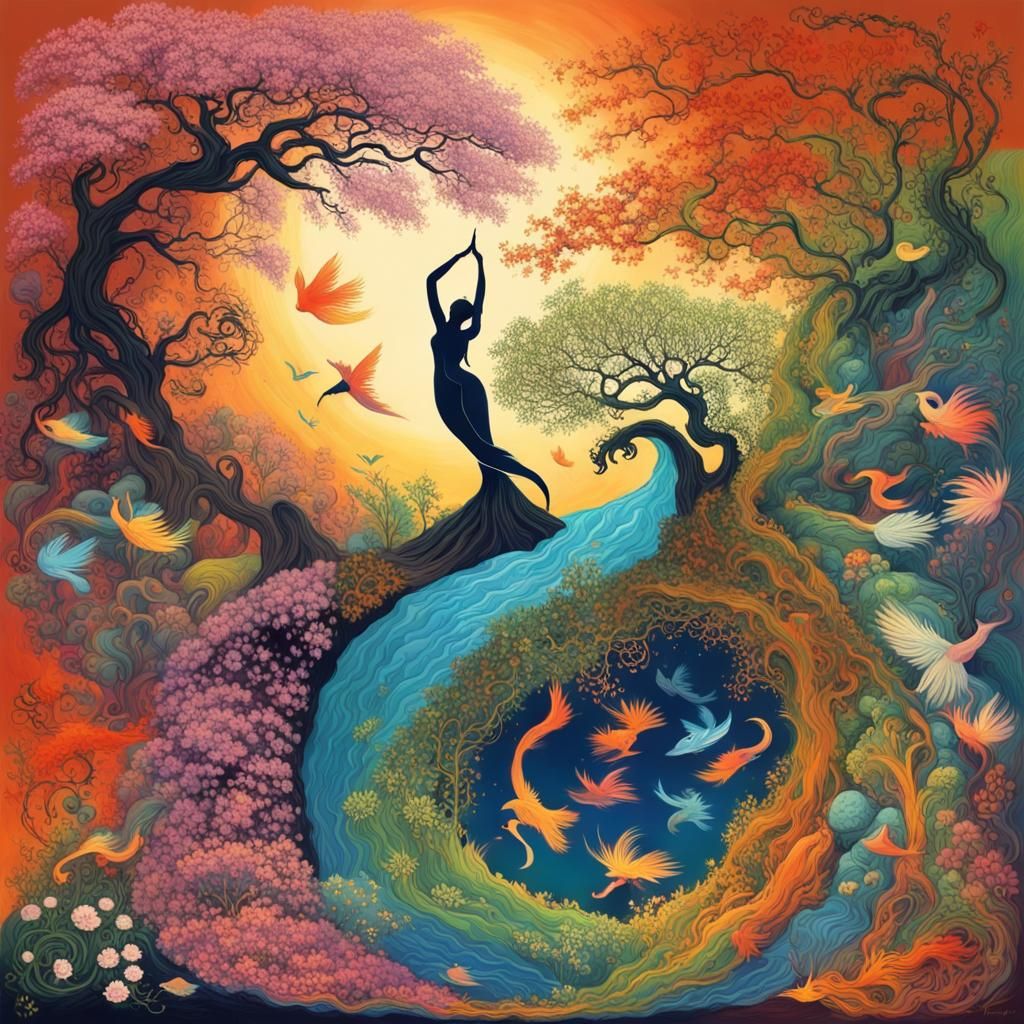 Radiant Abstract Artwork with Filigree Silhouettes