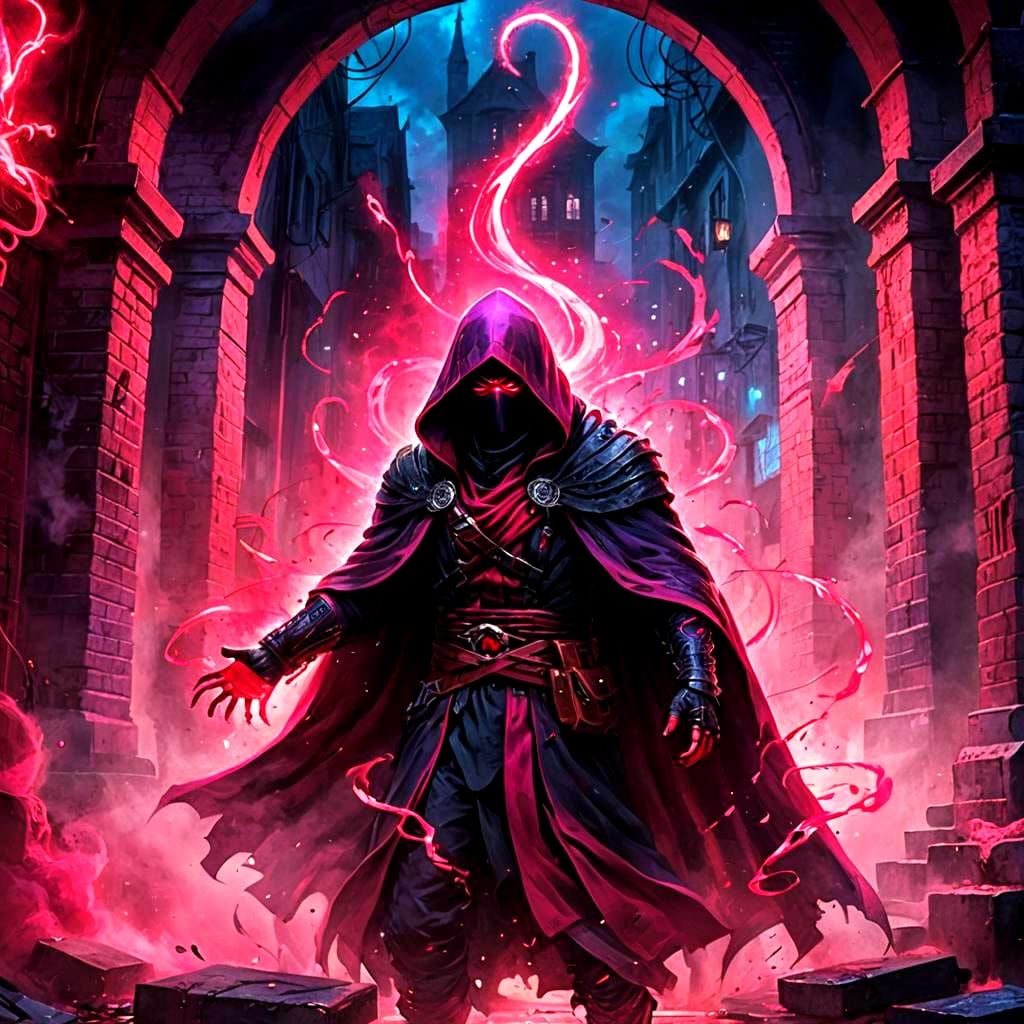 Hooded Assassin with Mystical Pink Light, Detailed Matte Pai...