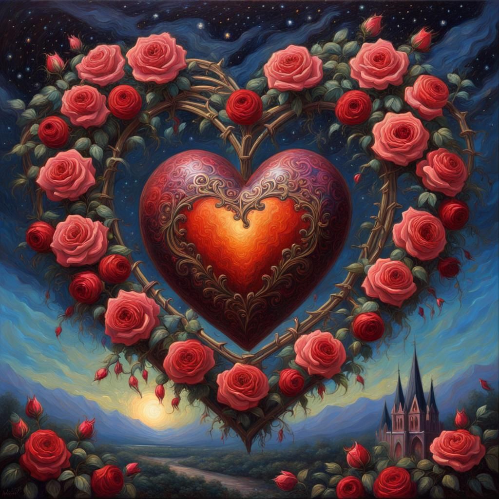 Romantic Heart Surrounded by Roses in Gothic Style