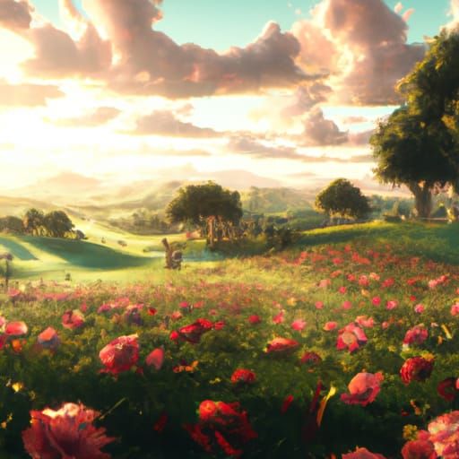 Dreamy Rose Meadow: Fantasy Matte Painting