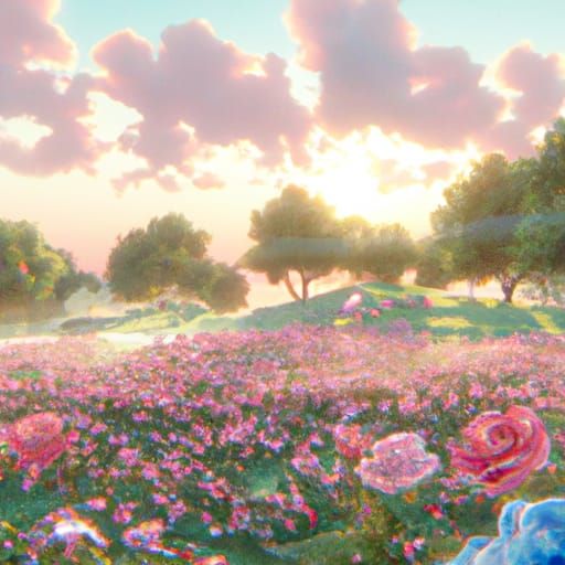 Rose Meadow Landscape in Fantasy Matte Painting Style