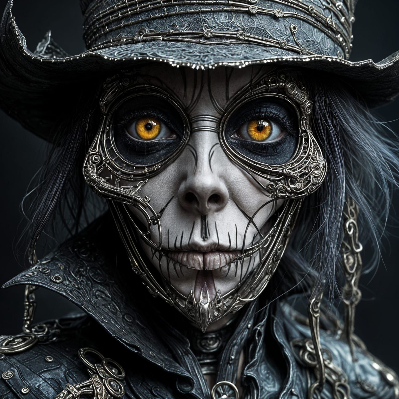 Sinister Biomechanical Mad Hatter in Steampunk Style