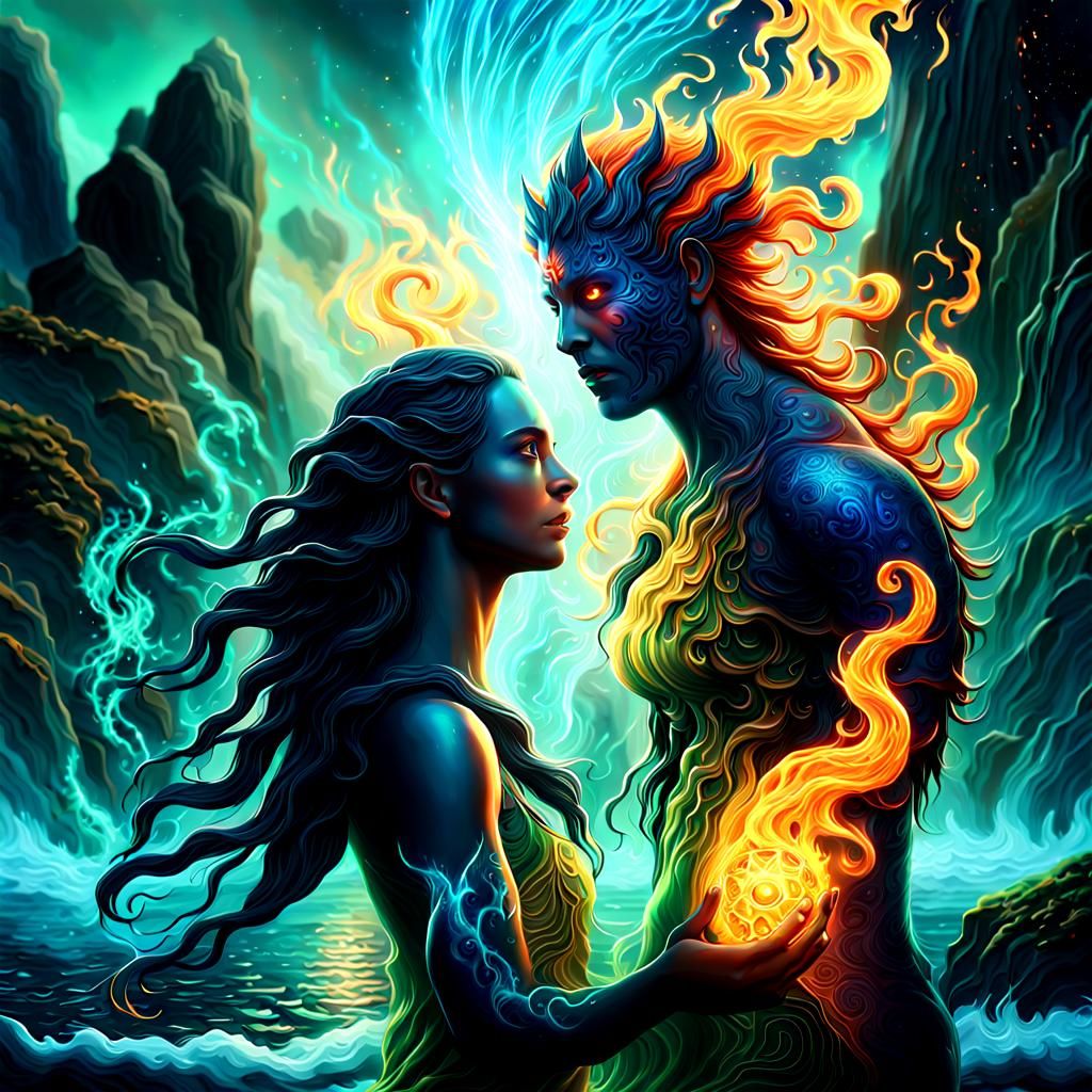 Cinematic Water and Fire Spirit Encounter in a Swirling Astr...