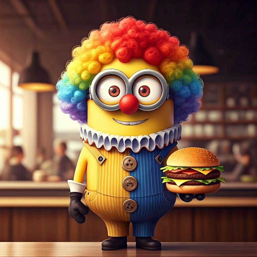 Minion in Clown Costume with Burger, 3D Anime Art