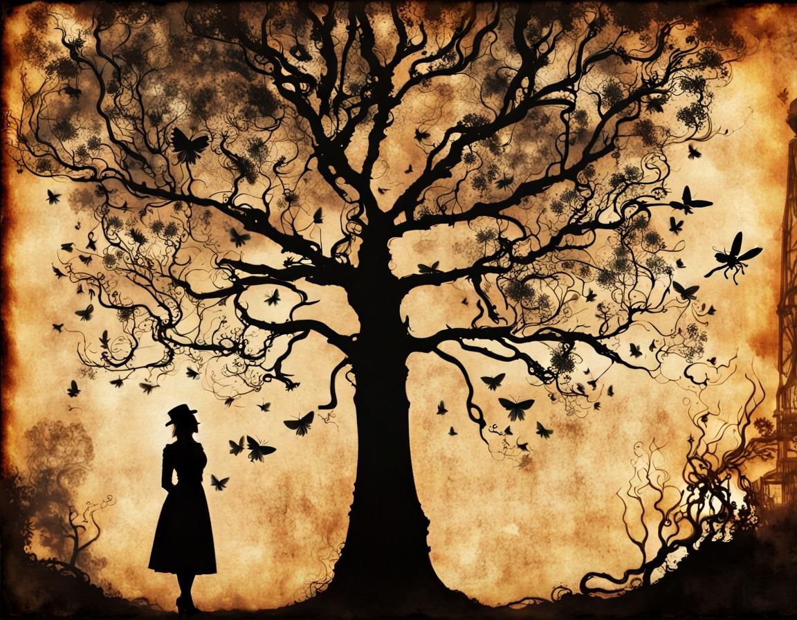 Silhouette of Woman and Tree in Steampunk Style