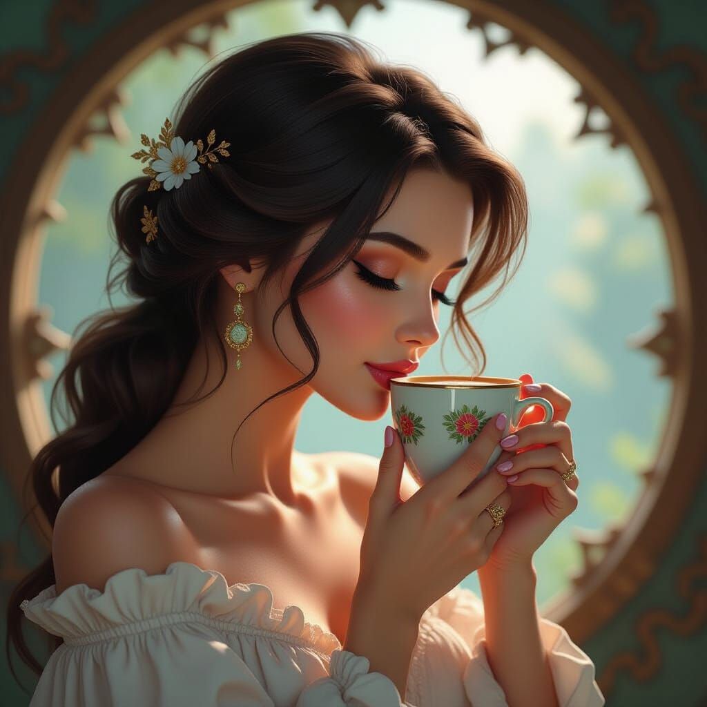 Coffee Kiss: Hyperrealistic Portrait in Art Nouveau Style