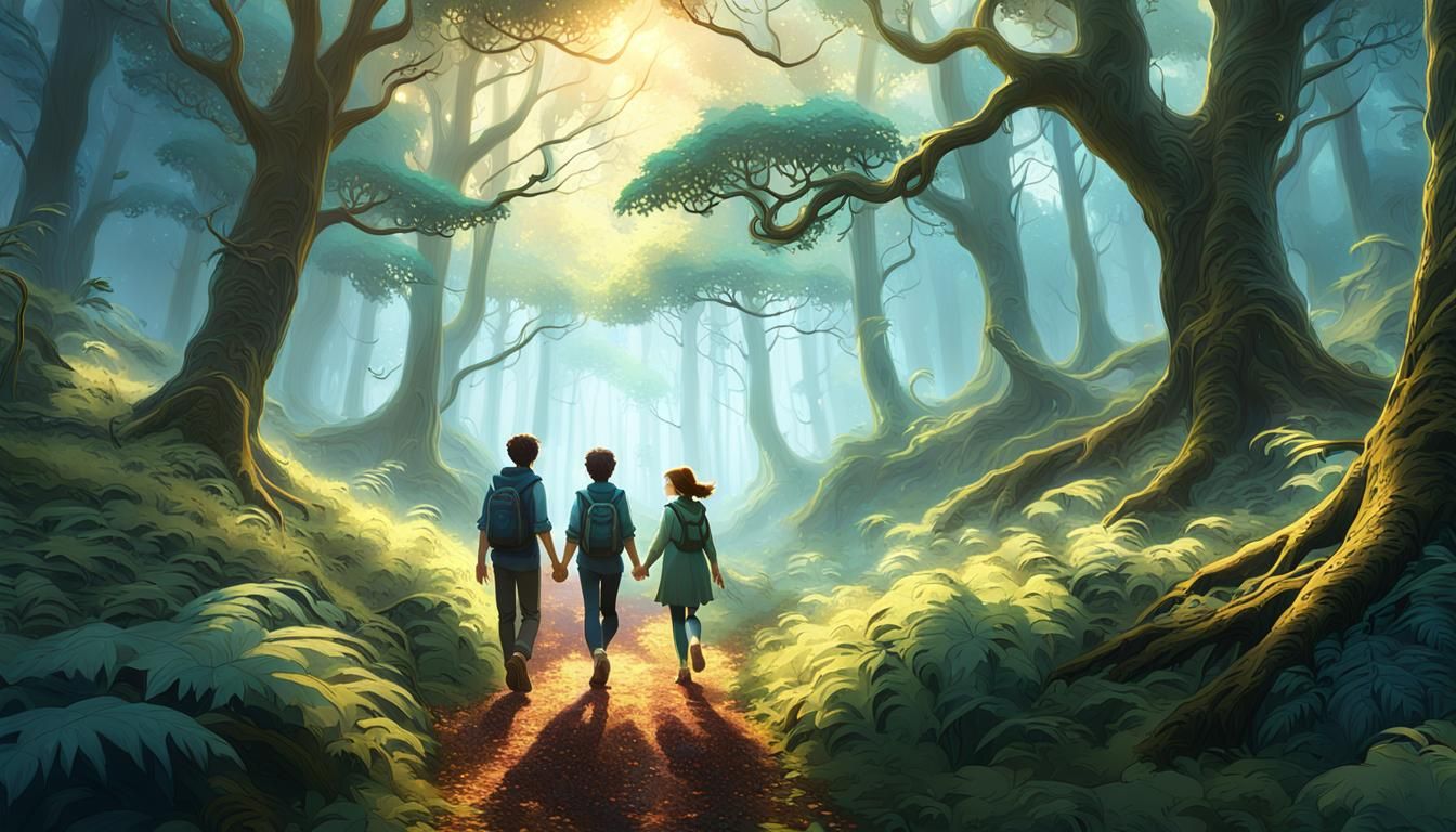 Children Stroll Through a Golden Forest