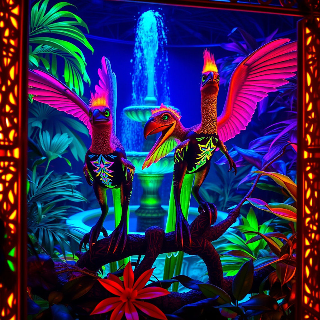 Glowing Taxidermy Creatures in Neon Jungle Diorama