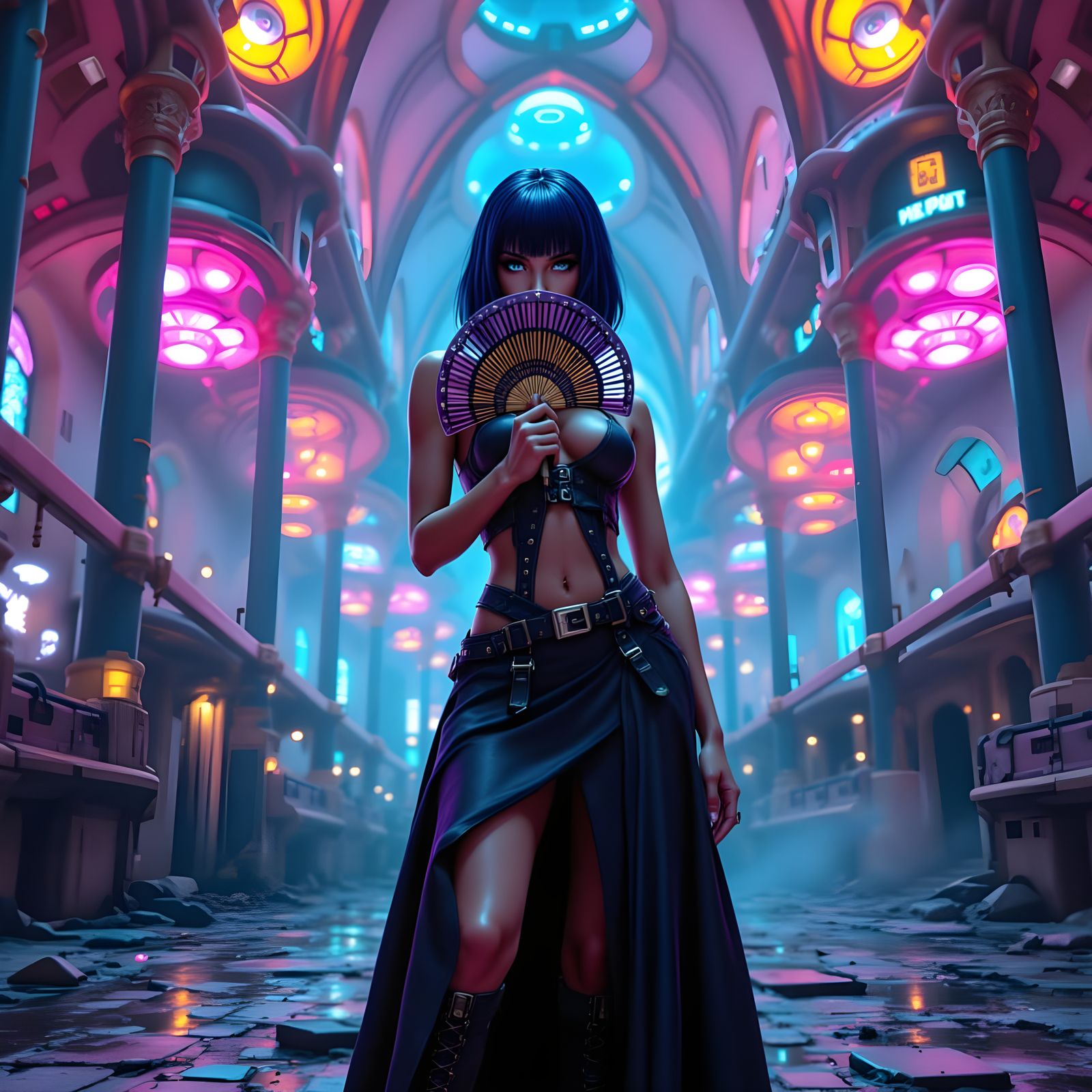 Sorrowful Futuristic Goddess in Cyberpunk Church